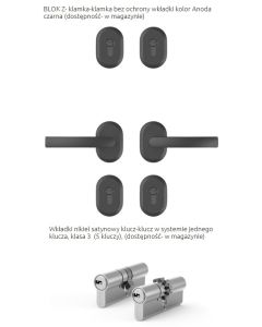 3- Osprzęt BLOK Z UNIWERSALNY dostępny w magazynie- kol. Anoda czarna + 2 x wkładki klucz-klucz, kl.3 w systemie 1go klucza kol. Nikiel satynowy (5 kluczy)