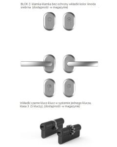 4- Osprzęt BLOK Z UNIWERSALNY dostępny w magazynie- kol. anoda srebrna + 2 x wkładki klucz-klucz, kl.3 w systemie 1go klucza kol. Czarny połysk (5 kluczy)