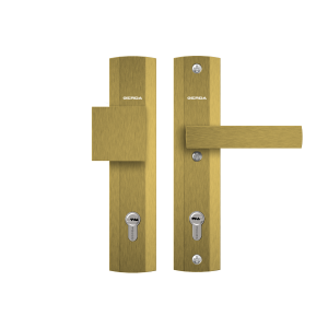 Szyld PRAGA/90 z napinaczem, klamko – gałka do drzwi o grubości 75 mm, bez ochrony wkładki, anoda złota