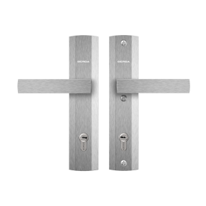 Szyld PRAGA/90 z napinaczem, klamka – klamka do drzwi o grubości 75 mm bez ochrony wkładki anoda srebrna