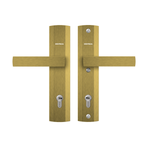 Szyld PRAGA/90 z napinaczem, klamka – klamka do drzwi o grubości 75 mm, bez ochrony wkładki, anoda złota