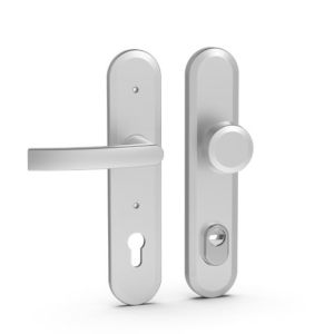 Szyld BLOK TD200/90 z napinaczem, klamka - gałka, do drzwi grubość max. 60 mm z ochroną wkładki, anoda srebrna