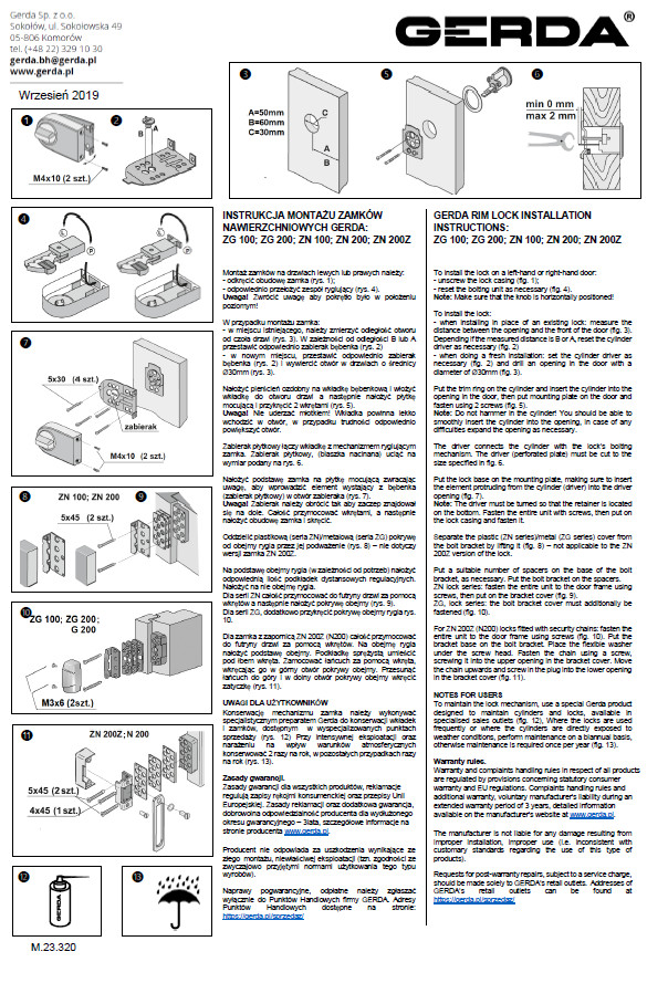 Installation instructions for surface locks: ZG100; ZG200; ZN100; ZN200; ZN200Z